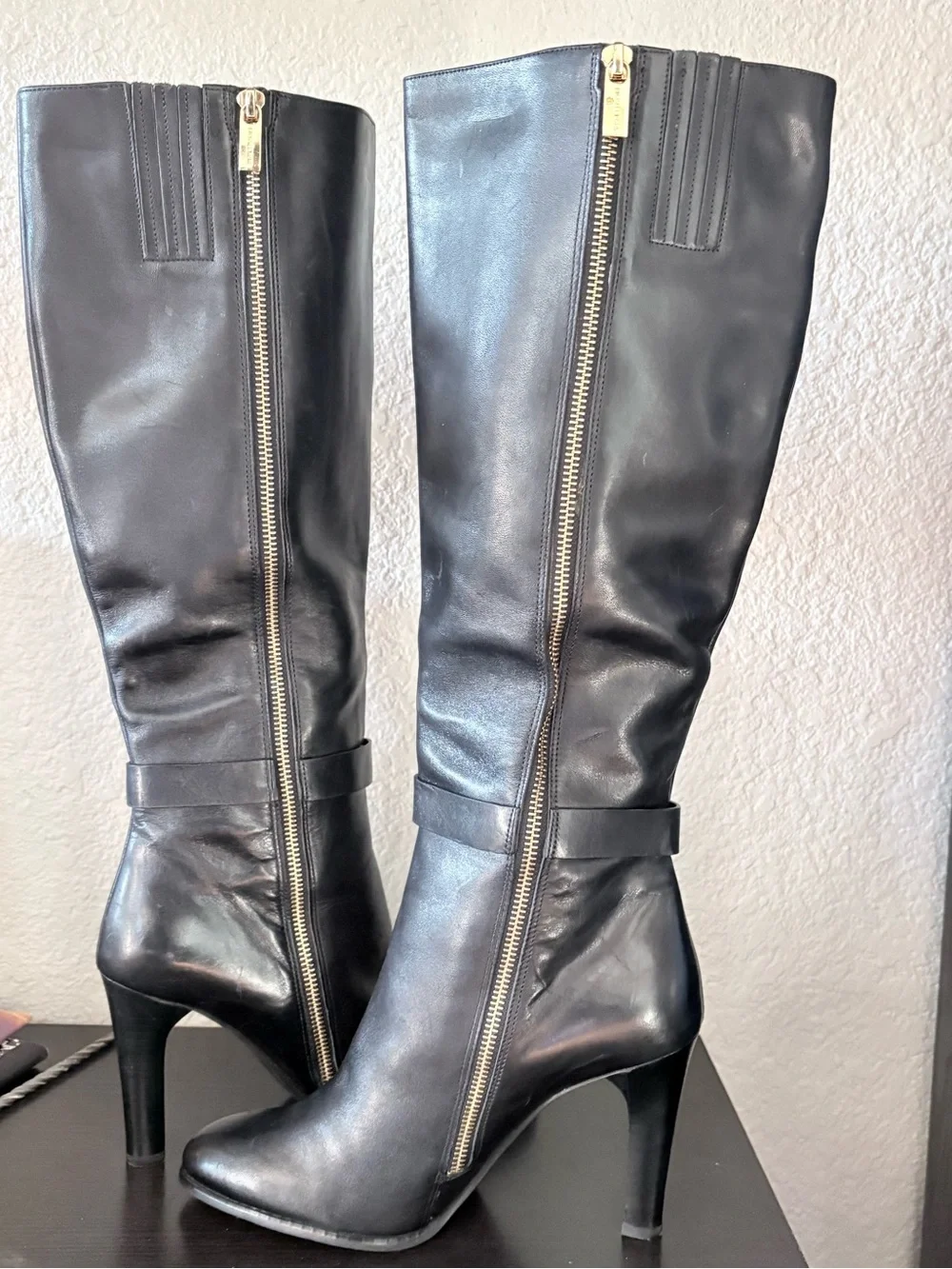 Michael Kors Black Leather Over-the-Knee Boots with Gold Charm